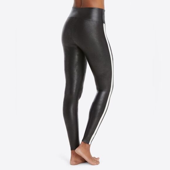 Spanx Leggings Women’s Small Faux Leather Black and White Striped - Picture 2 of 9
